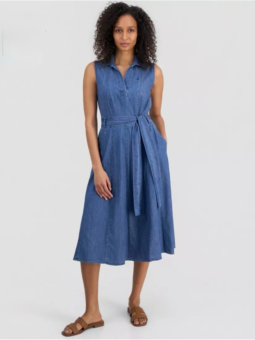 Nautica Sleeveless A-Line Chambray Midi Dress in Blue
